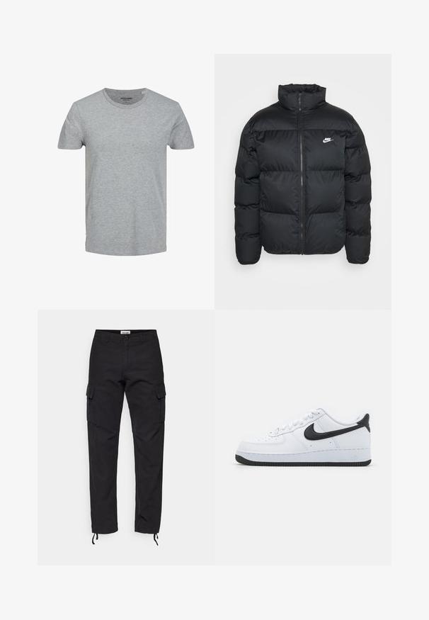 Black puffer jacket with high collar, zip closure, and Nike logo. Features quilted pattern and two side pockets.; Gray short-sleeve T-shirt made of soft cotton. Features a classic crew neckline and a regular fit. Simple design with no patterns or accents.; Black cargo pants made of sturdy fabric, featuring side pockets, a slim fit, and adjustable cuffs at the ankles.; White leather sneakers with black Nike Swoosh, round toe design, lace-up front, textured black rubber sole, and "Air" embossed on the heel.