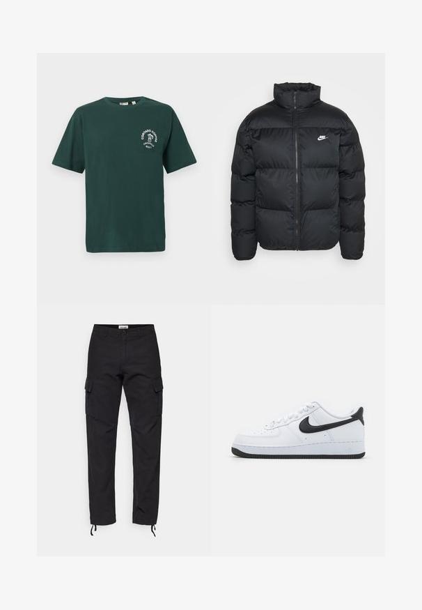Giubbotto imbottito nero con colletto alto, chiusura a zip e logo Nike. Presenta un motivo a quadri e due tasche laterali.; T-shirt in cotone verde con maniche corte, scollo tondo e logo bianco "Cortado Coffee" con grafica di una tazza di caffè sul petto.; Pantaloni cargo neri realizzati in tessuto resistente, con tasche laterali, vestibilità slim e polsini regolabili alle caviglie.; Sneaker in pelle bianca con logo Nike Swoosh nero, design a punta rotonda, chiusura con lacci, suola in gomma nera testurizzata e "Air" impresso sul tallone.