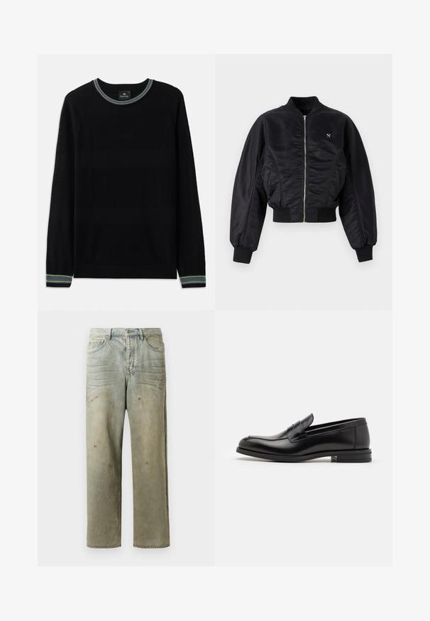 Black bomber jacket with a shiny satin finish, zip closure, ribbed cuffs, and hem. Features side pockets and subtle logo detail on chest.; Black knitted sweater with a round neckline. Features textured stripes and multicolored ribbed cuffs and collar. Long sleeves.; Long-sleeve white shirt made of cotton, featuring a button-down collar, front pocket, and regular fit. Textured fabric with a smooth surface.; Distressed denim jeans in light green, featuring a straight leg, five-pocket design, and uneven fading with paint splatters.; Black leather loafers with a smooth texture, rounded toe, and a decorative strap across the vamp. Low stacked heel, minimalist design.