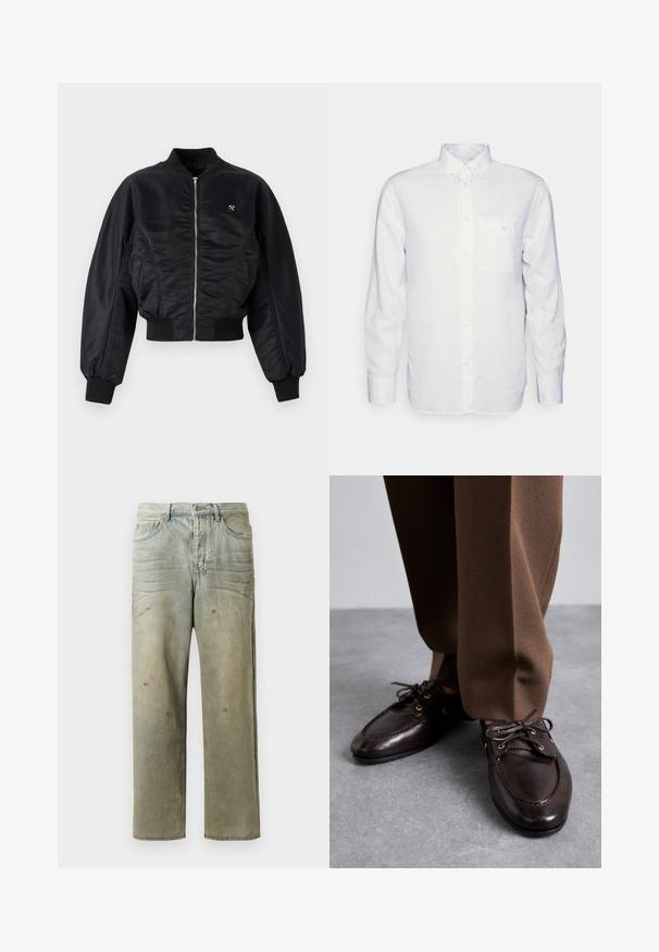 Chaqueta bomber negra con un acabado satinado brillante, cierre de cremallera, puños y dobladillo de canalé. Cuenta con bolsillos laterales y un discreto detalle del logo en el pecho.; Camisa blanca de manga larga hecha de algodón, con cuello abotonado, bolsillo frontal y corte regular. Tejido texturizado con una superficie suave.; Jeans de mezclilla desgastados en verde claro, con corte recto, diseño de cinco bolsillos y decoloración desigual con manchas de pintura.; Bally PATHY - Zapatos de vestir - ebano