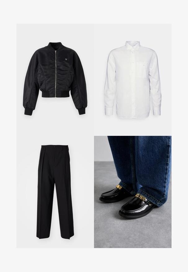 Černá bomber bunda s lesklým saténovým povrchem, zapínání na zip, pruhované manžety a lem. Obsahuje boční kapsy a nenápadný logo detail na hrudi.; Dlouhý rukáv bílá košile vyrobená z bavlny, s límcem na knoflíky, přední kapsou a běžným střihem. Texturovaná tkanina s hladkým povrchem.; Černé skládací kalhoty s rovnými, širokými nohavicemi. Vyrobené z hladké tkaniny, se zapínáním na knoflík a poutky na opasek.; MOSCHINO SCARPA UOMO - Polobotky - nero