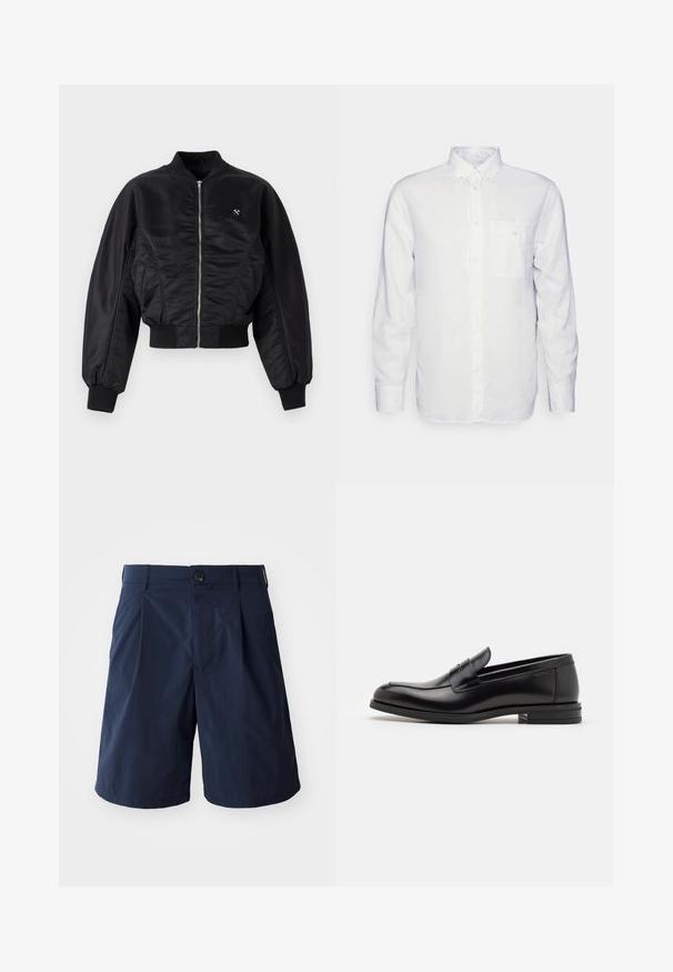 Schwarze Bomberjacke mit glänzender Satin-Oberfläche, Reißverschluss, gerippten Bündchen und Saum. Mit Seitentaschen und dezentem Logodetail auf der Brust.; Langärmliges, weißes Hemd aus Baumwolle mit Button-Down-Kragen, Fronttasche und normalem Schnitt. Strukturierter Stoff mit glatter Oberfläche.; Marineblaue Shorts aus leichtem Stoff, mit einem Knopfverschluss, Seitentaschen und einem schlichten Design mit Falten an der Vorderseite.; Schwarze Lederloafers mit glatter Textur, rundem Zehenbereich und einem dekorativen Riemen über dem Vorderfuß. Niedriger, gestapelter Absatz, minimalistisches Design.