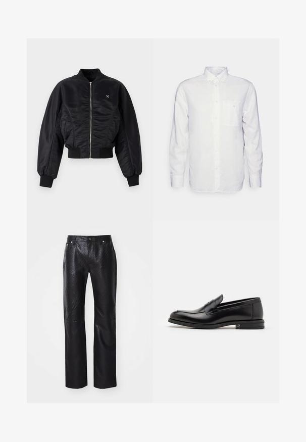 Black bomber jacket with a shiny satin finish, zip closure, ribbed cuffs, and hem. Features side pockets and subtle logo detail on chest.; Long-sleeve white shirt made of cotton, featuring a button-down collar, front pocket, and regular fit. Textured fabric with a smooth surface.; Black pants made of textured material featuring a subtle pattern. Straight leg design with five pockets and metal hardware details.; Black leather loafers with a smooth texture, rounded toe, and a decorative strap across the vamp. Low stacked heel, minimalist design.