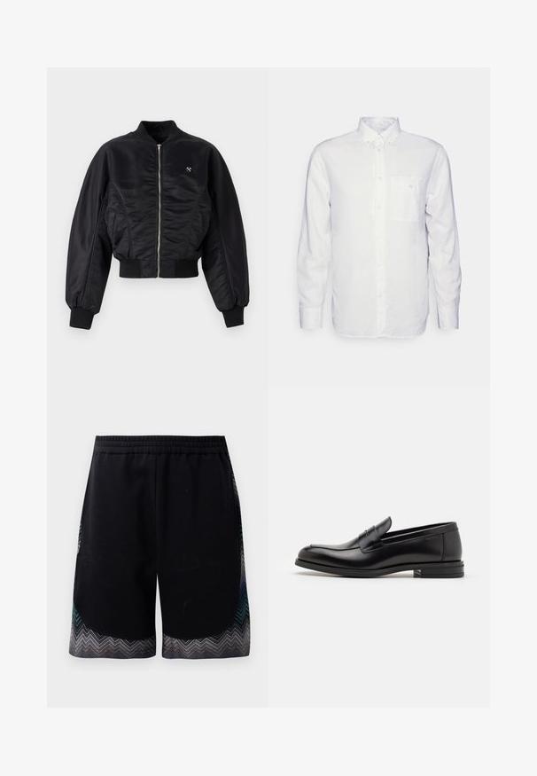 Černá bomber bunda s lesklým saténovým povrchem, zapínání na zip, pruhované manžety a lem. Obsahuje boční kapsy a nenápadný logo detail na hrudi.; Dlouhý rukáv bílá košile vyrobená z bavlny, s límcem na knoflíky, přední kapsou a běžným střihem. Texturovaná tkanina s hladkým povrchem.; Černé sportovní š Ortce s elastickým pasem a lemováním ve tvaru zigzagu v modrozelené, šedé a černé barvě. Materiál vypadá měkký a lehký.; Černé kožené polobotky s hladkou texturou, zaoblenou špičkou a zdobným páskem přes nárt. Nízký stohovaný podpatek, minimalistický design.