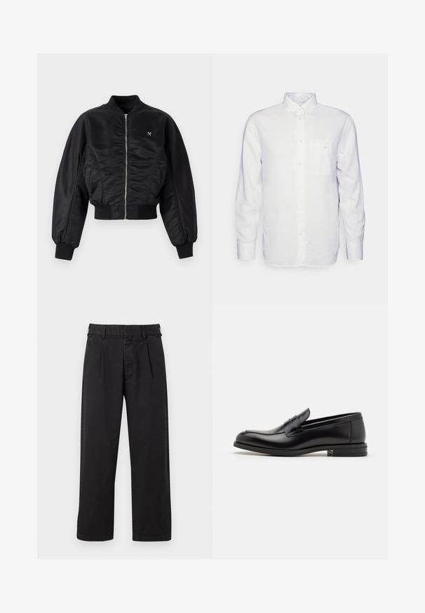 Melna bumbiera jaka ar spīdīgu satīna apdari, ar rāvējslēdzēja aizdari, ribota aproces un apakšmalu. Iespējo sānu kabatas un diskretu logotipa detaļu uz krūtīm.; Garās piedurknes baltā krekla, kas izgatavots no kokvilnas, ar pogājamu apkakli, priekšējo kabatu un regulāru piegriezumu. Strukturēta auduma ar gludu virsmu.; Melnas kokvilnas bikses ar taisnu griezumu, ar piegrieztiem pleciem, jostu cilpiņām un pogu aizdari. Gluda struktūra bez rakstiem.; Melnas ādas kurpes ar gludu tekstūru, noapaļu purngalu un dekoratīvu siksniņu pāri priekšpusei. Zems sakrauts papēdis, minimālisma dizains.