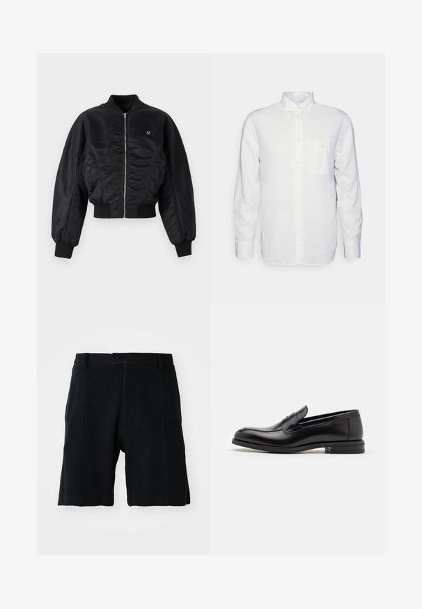 Schwarze Bomberjacke mit glänzender Satin-Oberfläche, Reißverschluss, gerippten Bündchen und Saum. Mit Seitentaschen und dezentem Logodetail auf der Brust.; Langärmliges, weißes Hemd aus Baumwolle mit Button-Down-Kragen, Fronttasche und normalem Schnitt. Strukturierter Stoff mit glatter Oberfläche.; Schwarze Shorts aus Strukturgewebe mit einem Knopfverschluss vorne, seitlichen Taschen und geradem Schnitt, versehen mit sichtbaren Nähten.; Schwarze Lederloafers mit glatter Textur, rundem Zehenbereich und einem dekorativen Riemen über dem Vorderfuß. Niedriger, gestapelter Absatz, minimalistisches Design.