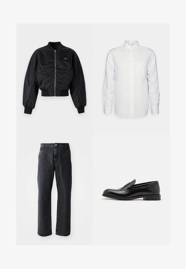 Chaqueta bomber negra con un acabado satinado brillante, cierre de cremallera, puños y dobladillo de canalé. Cuenta con bolsillos laterales y un discreto detalle del logo en el pecho.; Camisa blanca de manga larga hecha de algodón, con cuello abotonado, bolsillo frontal y corte regular. Tejido texturizado con una superficie suave.; Jeans de mezclilla negra de corte recto, con cierre de botón, cinco bolsillos y una textura sutil. Diseño clásico sin patrones prominentes.; Mocasines de cuero negro con una textura suave, puntera redondeada y una tira decorativa en el empeine. Tacón bajo apilado, diseño minimalista.