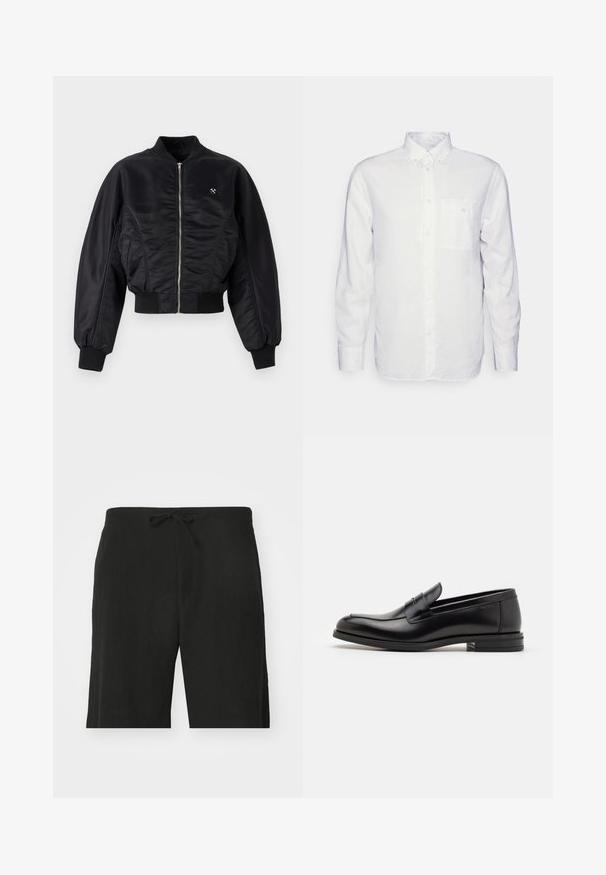 Jachetă bomber neagră cu un finisaj lucios de satin, închidere cu fermoar, manșete și tiv ribbed. Dispune de buzunare laterale și un detaliu discret cu logo pe piept.; Cămașă albă cu mânecă lungă, confecționată din bumbac, având un guler cu nasturi, un buzunar în față și o croială normală. Material texturat cu o suprafață netedă.; Pantaloni scurți din in negri cu un șnur în talie, având o croială lejeră și un design până la genunchi. Textură netedă, stil simplu și clasic.; Mocasini din piele neagră cu o textură netedă, vârf rotund și o curea decorativă peste partea superioară. Toc mic, design minimalist.