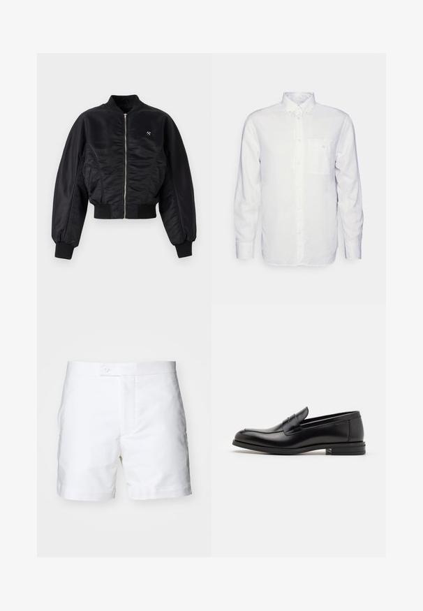 Fekete bomberdzseki fényes selyemfényű kivitelben, cipzáros záródással, bordázott mandzsettákkal és aljjal. Oldalsó zsebekkel és diszkrét logórészlettel a mellrészen.; Hosszú ujjú fehér ing, pamutból készült, gombos gallérral, elülső zsebbel és normál szabással. Texturált anyag, sima felülettel.; Fehér pamut sort, egyenes szabással, két oldalsó zsebbel, gombos záródással és tiszta, sima felülettel. Az alja szépen eldolgozott és hajtott.; Fekete bőr loaferek sima textúrával, kerek orral és dekoratív pánttal a vampnál. Alacsony, rétegelt sarkú, minimalista dizájn.