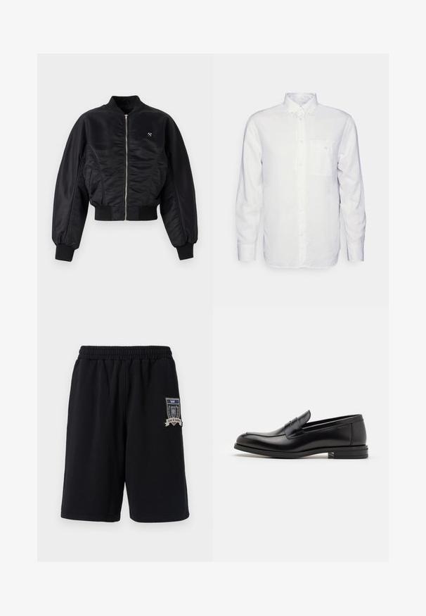 Zwarte bomberjack met een glanzende satijnen afwerking, ritssluiting, ribboordmanchetten en -zoom. Voorzien van zijzakken en subtiele logodetail op de borst.; Witte longsleeve shirt van katoen, met een button-down kraag, een voorzak en een regular fit. Textuurstof met een gladde oppervlakte.; Zwarte katoenen shorts met een elastische tailleband, zijzakken en een decoratieve patch met "Love & Justice" op het linkerbeen.; Zwarte leren instappers met een gladde textuur, ronde neus en een decoratieve band over de wreef. Lage, gestapelde hak en minimalistisch ontwerp.