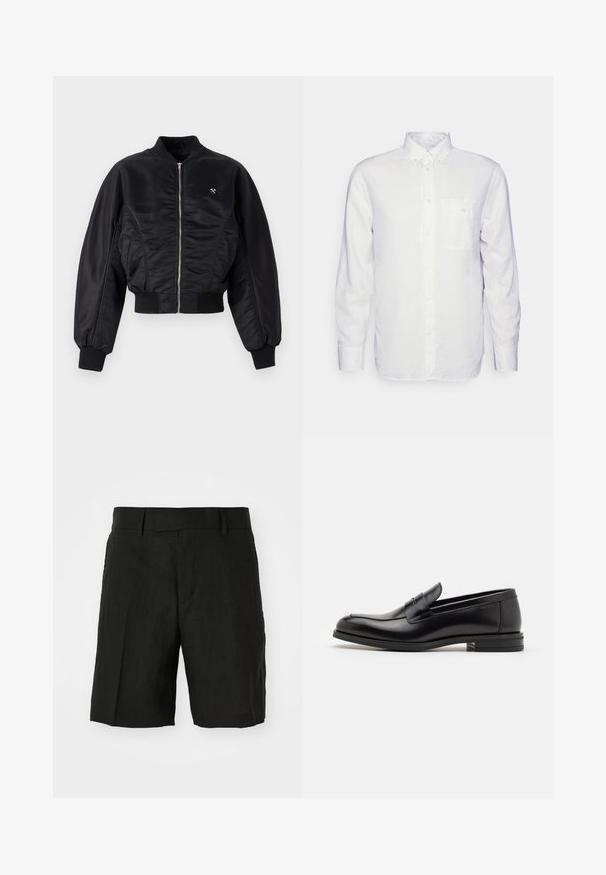Casaco bomber preto com um acabamento acetinado brilhante, fecho de zip, punhos e bainha canelados. Apresenta bolsos laterais e um discreto detalhe de logotipo no peito.; Camisa de manga longa branca feita de algodão, com colarinho abotoado, bolso frontal e corte regular. Tecido texturizado com superfície lisa.; Calções de linho pretos com um corte descontraído, apresentando um frente plana, bolsos laterais e um comprimento médio. Textura leve visível.; Mocassins de couro preto com uma textura suave, bico arredondado e uma faixa decorativa sobre o peito do pé. Salto baixo e empilhado, design minimalista.