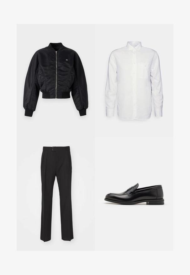 Must mustrikate must-viimistlusega must bomber-jakk, lukuga, soonikutes ja allservas. Omab küljetaskuid ja peent logodetaili rinnal.; Pikkade varrukatega valge puuvillane särk, millel on nööbitav krae, eesmine tasku ja tavaline lõike. Tekstureeritud kangas, mille pind on sile.; Mustad vooderdatud püksid, millel on sirge sääre disain, kaks esikotti ja topelt-nööbikinnitus vööosas. Sile kangatekstuur.; Mustad mustad nahast loafers sileda tekstuuriga, ümarat ninaosa ja dekoratiivne riba vampi üle. Madal kihiline konts, minimalistlik disain.