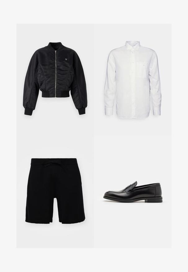 Sort bomberjakke med en skinnende satinfinish, lynlåslukning, ribbede manchetter og kant. Har sidelommer og en diskret logo-detalje på brystet.; Langærmet hvid skjorte lavet af bomuld, med en knap-down krave, brystlomme og almindelig pasform. Struktureret stof med en glat overflade.; Sorte børneshorts lavet af blødt stof, med en elastisk talje og en sløjfe samt ribbet kant. Enkel design uden mønstre.; Sorte læderloafers med en glat overflade, rund tå og en dekorativ strop over vampen. Lav hæl med stabeldesign, minimalistisk stil.