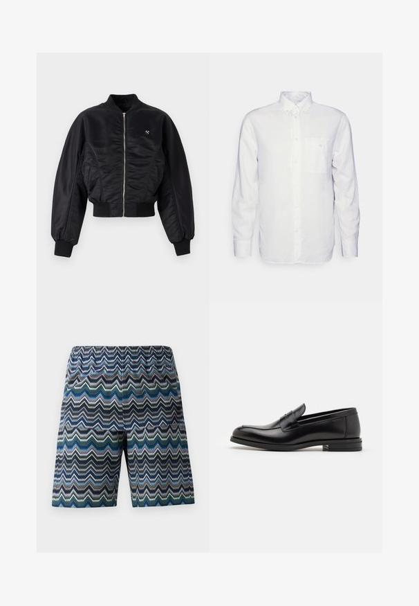 Čierna bomber bunda so lesklým saténovým povrchom, so zipsom, žebrovanými manžetami a lemom. Obsahuje bočné vrecká a jemný detail loga na hrudi.; Biela košeľa s dlhými rukávmi vyrobená z bavlny, s golierom na gombíky, prednou vreckom a klasickým strihom. Textúrovaná látka so hladkým povrchom.; pánske šortky s cik-cak vzorom v modrej, zelenej a čiernej farbe. Elastický pás, dĺžka po kolená a ľahký materiál.; Čierne kožené mokasíny s hladkou textúrou, zaoblenou špičkou a dekoračným pásikom cez priehlavok. Nízky vrstvený opätok, minimalistický dizajn.