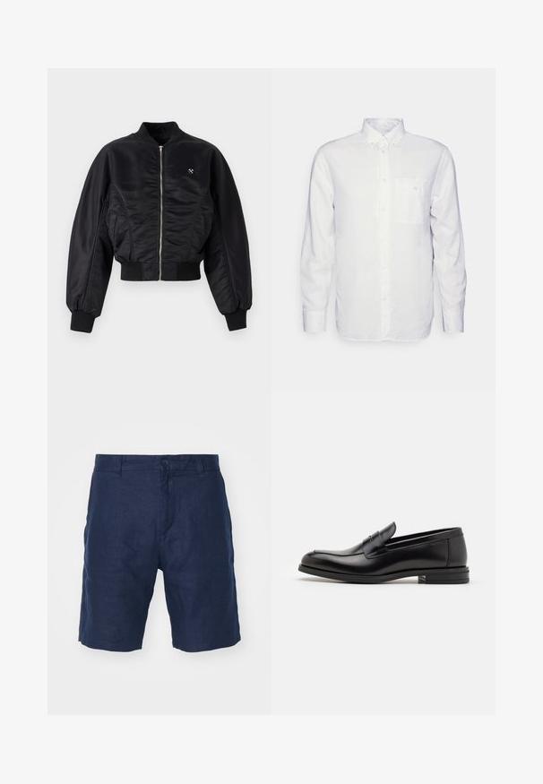 Zwarte bomberjack met een glanzende satijnen afwerking, ritssluiting, ribboordmanchetten en -zoom. Voorzien van zijzakken en subtiele logodetail op de borst.; Witte longsleeve shirt van katoen, met een button-down kraag, een voorzak en een regular fit. Textuurstof met een gladde oppervlakte.; Marineblauwe linnen shorts met een knoopsluiting, recht afgesneden ontwerp, gladde textuur en minimalistische stijl.; Zwarte leren instappers met een gladde textuur, ronde neus en een decoratieve band over de wreef. Lage, gestapelde hak en minimalistisch ontwerp.