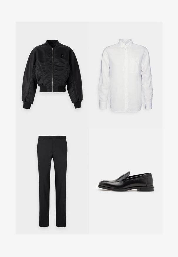 Musta pommikoulu takki kiiltävällä satiinipinnalla, vetoketjusulku, ribattu hihansuut ja helma. Sisältää sivutaskut ja hienovaraisen logon yksityiskohdan rinnassa.; Pitkähihainen valkoinen puuvillasukkahousu, jossa on napillinen kaulus, etutasku ja normaali istuvuus. Rakenne on teksturoitu ja pinta sileä.; Musta housut räätälöidyllä muotoilulla, suorat lahkeet, tavalliset vyölenkit ja sileä pinta. Ei näkyviä kuvioita tai metalliosia.; Mustat nahkakengät, joissa on sileä pinta, pyöreä kärki ja koristeellinen nauha jalkapöydän yli. Matala pinoitu koroke, minimalistinen muotoilu.