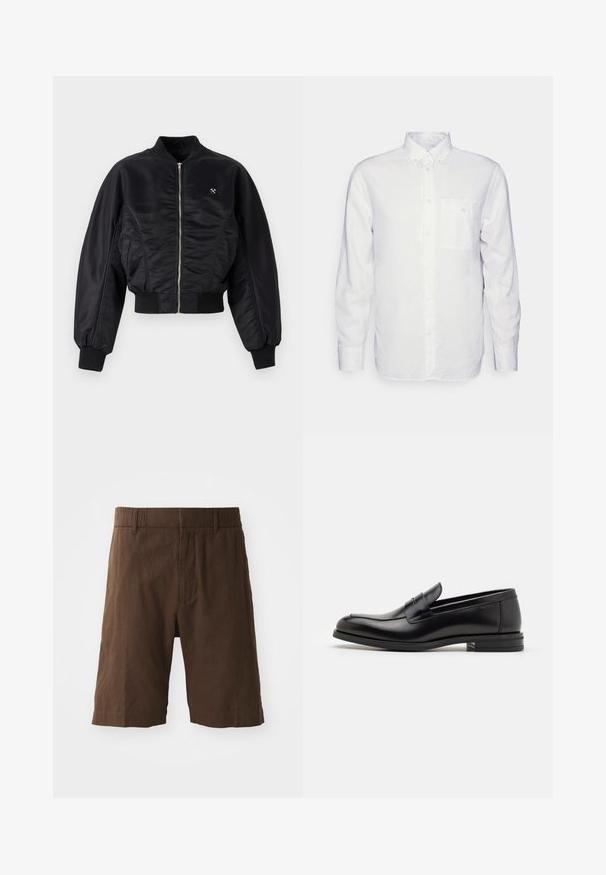 Black bomber jacket with a shiny satin finish, zip closure, ribbed cuffs, and hem. Features side pockets and subtle logo detail on chest.; Long-sleeve white shirt made of cotton, featuring a button-down collar, front pocket, and regular fit. Textured fabric with a smooth surface.; Brown linen shorts featuring a relaxed fit, elastic waistband, and straight legs. Smooth texture with a simple, clean design.; Black leather loafers with a smooth texture, rounded toe, and a decorative strap across the vamp. Low stacked heel, minimalist design.