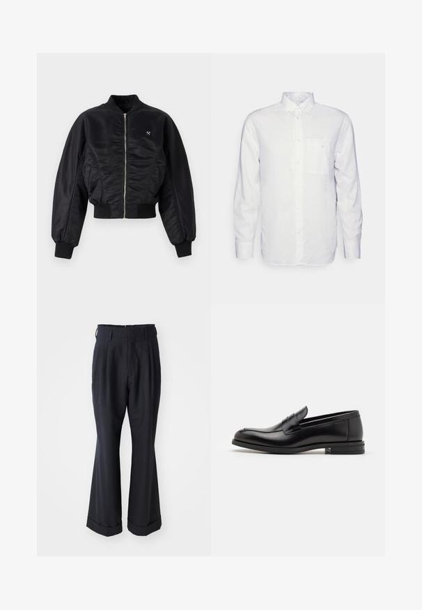 Black bomber jacket with a shiny satin finish, zip closure, ribbed cuffs, and hem. Features side pockets and subtle logo detail on chest.; Long-sleeve white shirt made of cotton, featuring a button-down collar, front pocket, and regular fit. Textured fabric with a smooth surface.; Black tailored trousers with a relaxed fit, pleated front, and wide legs. Features a cuffed hem and smooth fabric texture.; Black leather loafers with a smooth texture, rounded toe, and a decorative strap across the vamp. Low stacked heel, minimalist design.