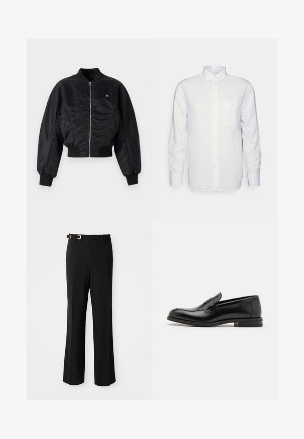 Must mustrikate must-viimistlusega must bomber-jakk, lukuga, soonikutes ja allservas. Omab küljetaskuid ja peent logodetaili rinnal.; Pikkade varrukatega valge puuvillane särk, millel on nööbitav krae, eesmine tasku ja tavaline lõike. Tekstureeritud kangas, mille pind on sile.; Mustad püksid, millel on kohandatud istuvus, lamedad esiosad, vööaasad, graatsiline siluett ja vöö peal kullatud tüübliga aksessuaar.; Mustad mustad nahast loafers sileda tekstuuriga, ümarat ninaosa ja dekoratiivne riba vampi üle. Madal kihiline konts, minimalistlik disain.