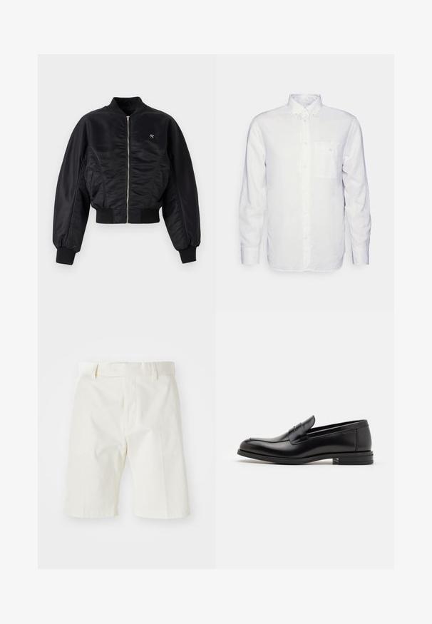 Jachetă bomber neagră cu un finisaj lucios de satin, închidere cu fermoar, manșete și tiv ribbed. Dispune de buzunare laterale și un detaliu discret cu logo pe piept.; Cămașă albă cu mânecă lungă, confecționată din bumbac, având un guler cu nasturi, un buzunar în față și o croială normală. Material texturat cu o suprafață netedă.; Șorturi albe din bumbac cu croială dreaptă, cu un front plat, pasuri pentru curea și o textură netedă. Fără modele sau accente vizibile.; Mocasini din piele neagră cu o textură netedă, vârf rotund și o curea decorativă peste partea superioară. Toc mic, design minimalist.
