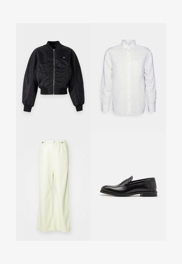 Jachetă bomber neagră cu un finisaj lucios de satin, închidere cu fermoar, manșete și tiv ribbed. Dispune de buzunare laterale și un detaliu discret cu logo pe piept.; Cămașă albă cu mânecă lungă, confecționată din bumbac, având un guler cu nasturi, un buzunar în față și o croială normală. Material texturat cu o suprafață netedă.; Pantaloni largi de un verde deschis, confecționați dintr-un material neted, ușor lucios. Prezintă un sistem de prindere cu nasture și talie elastică, având un design curat și bine croit.; Mocasini din piele neagră cu o textură netedă, vârf rotund și o curea decorativă peste partea superioară. Toc mic, design minimalist.
