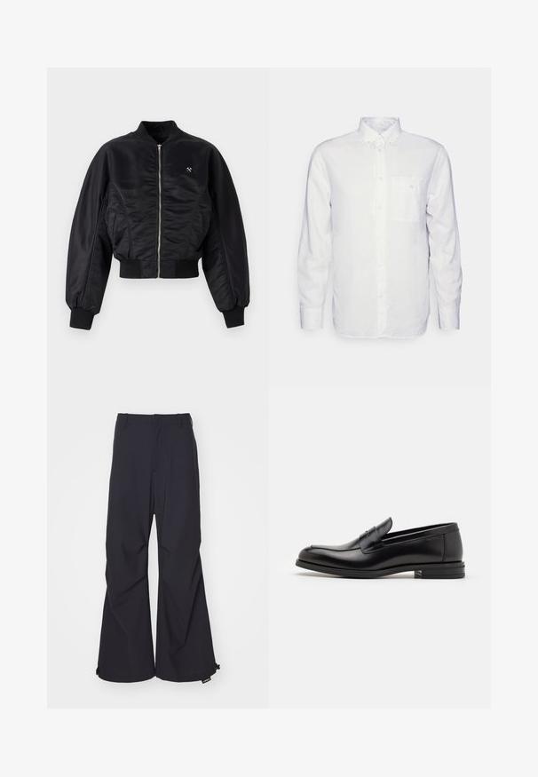 Black bomber jacket with a shiny satin finish, zip closure, ribbed cuffs, and hem. Features side pockets and subtle logo detail on chest.; Long-sleeve white shirt made of cotton, featuring a button-down collar, front pocket, and regular fit. Textured fabric with a smooth surface.; Navy blue wide-leg pants featuring a smooth fabric, two front pockets, and drawstring accents at the hem. Clean, tailored design with no embellishments.; Black leather loafers with a smooth texture, rounded toe, and a decorative strap across the vamp. Low stacked heel, minimalist design.
