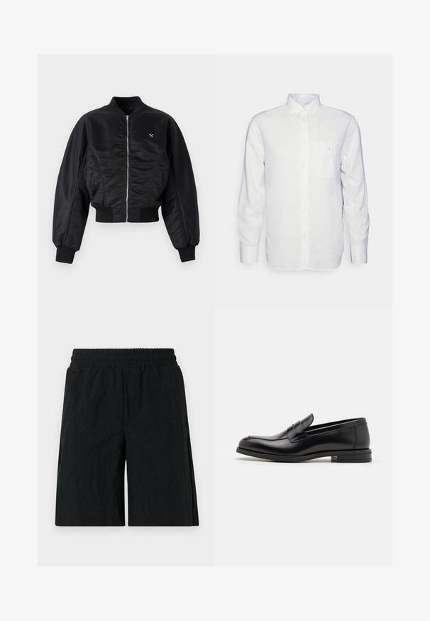 Zwarte bomberjack met een glanzende satijnen afwerking, ritssluiting, ribboordmanchetten en -zoom. Voorzien van zijzakken en subtiele logodetail op de borst.; Witte longsleeve shirt van katoen, met een button-down kraag, een voorzak en een regular fit. Textuurstof met een gladde oppervlakte.; Zwarte shorts met een elastische tailleband, gemaakt van een textuurstof, met een knielange pasvorm en zijzakken.; Zwarte leren instappers met een gladde textuur, ronde neus en een decoratieve band over de wreef. Lage, gestapelde hak en minimalistisch ontwerp.