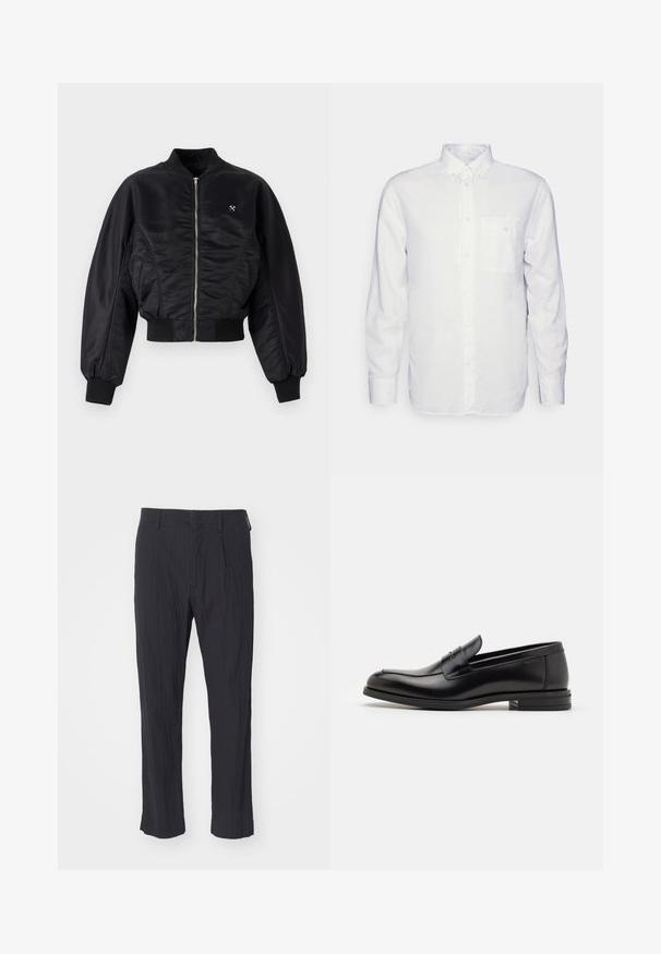 Sort bomberjakke med en skinnende satinfinish, lynlåslukning, ribbede manchetter og kant. Har sidelommer og en diskret logo-detalje på brystet.; Langærmet hvid skjorte lavet af bomuld, med en knap-down krave, brystlomme og almindelig pasform. Struktureret stof med en glat overflade.; Sorte plisserede bukser med et tekstureret stof, der har et lige ben-design og en standard talje. Ingen synlige lommer eller beslag.; Sorte læderloafers med en glat overflade, rund tå og en dekorativ strop over vampen. Lav hæl med stabeldesign, minimalistisk stil.