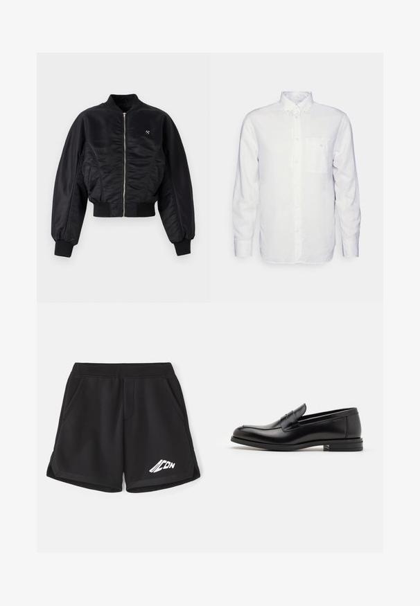 Black bomber jacket with a shiny satin finish, zip closure, ribbed cuffs, and hem. Features side pockets and subtle logo detail on chest.; Long-sleeve white shirt made of cotton, featuring a button-down collar, front pocket, and regular fit. Textured fabric with a smooth surface.; Black athletic shorts made of soft fabric with an elastic waistband. Featuring side pockets and a white logo on the front.; Black leather loafers with a smooth texture, rounded toe, and a decorative strap across the vamp. Low stacked heel, minimalist design.
