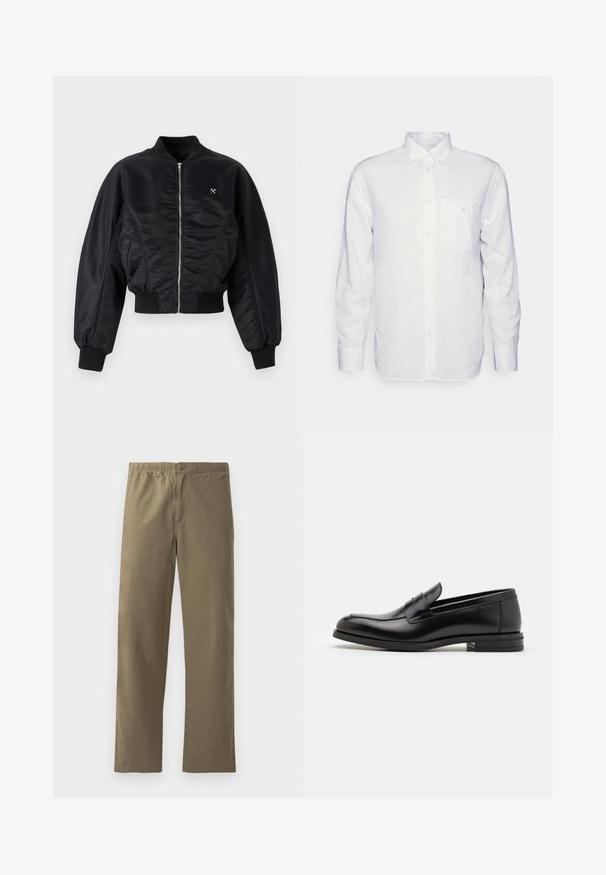 Jachetă bomber neagră cu un finisaj lucios de satin, închidere cu fermoar, manșete și tiv ribbed. Dispune de buzunare laterale și un detaliu discret cu logo pe piept.; Cămașă albă cu mânecă lungă, confecționată din bumbac, având un guler cu nasturi, un buzunar în față și o croială normală. Material texturat cu o suprafață netedă.; Pantaloni kaki dintr-un material ușor. Au o talie elastică, închidere cu nasture, picioare drepte și o textură netedă.; Mocasini din piele neagră cu o textură netedă, vârf rotund și o curea decorativă peste partea superioară. Toc mic, design minimalist.