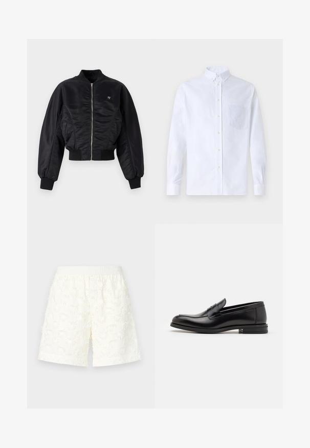 Zwarte bomberjack met een glanzende satijnen afwerking, ritssluiting, ribboordmanchetten en -zoom. Voorzien van zijzakken en subtiele logodetail op de borst.; Witte lange mouwen overhemd van katoen, met een borstzak met tonale borduring, een kraag en knopenmanchetten.; Witte shorts met een textuur in bloempatronen, een elastische tailleband en rafelige randen. Gemaakt van lichtgewicht stof, geschikt voor warm weer.; Zwarte leren instappers met een gladde textuur, ronde neus en een decoratieve band over de wreef. Lage, gestapelde hak en minimalistisch ontwerp.