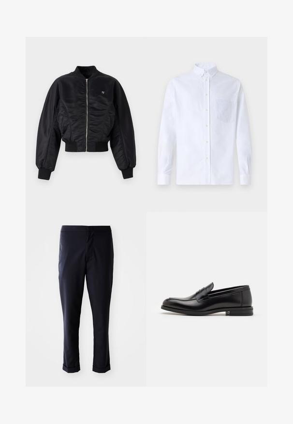 Schwarze Bomberjacke mit glänzender Satin-Oberfläche, Reißverschluss, gerippten Bündchen und Saum. Mit Seitentaschen und dezentem Logodetail auf der Brust.; Weißes Langarm-Hemd mit Knöpfen aus Baumwolle, ausgestattet mit einer Brusttasche mit tonalem Stickerei, einem Kragen und Knopfmanschetten.; Marineblaues Hosen mit glattem Stoff, geradem Schnitt, mittlerer Taillenhöhe und aufgerollten Säumen. Keine sichtbaren Taschen oder Metallakzente.; Schwarze Lederloafers mit glatter Textur, rundem Zehenbereich und einem dekorativen Riemen über dem Vorderfuß. Niedriger, gestapelter Absatz, minimalistisches Design.