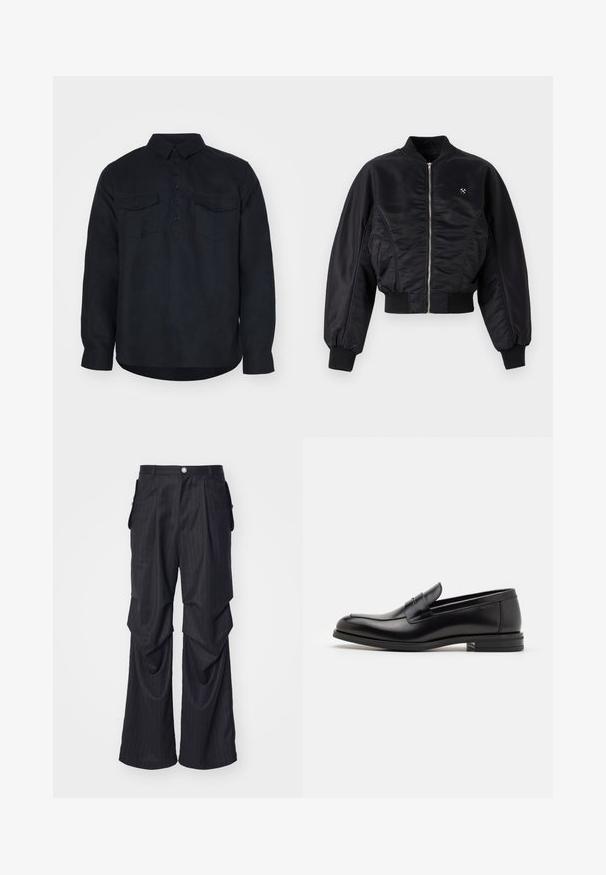 Giacca bomber nera con finitura satinata lucida, chiusura con zip, polsini e orlo a coste. Presenta tasche laterali e un discreto dettaglio del logo sul petto.; Camicia a maniche lunghe di colore blu scuro realizzata in un tessuto texturizzato, con chiusura frontale a bottoni, due tasche sul petto e colletto classico.; Pantaloni neri a righe con un design a gamba larga, dotati di pieghe, tasche laterali e chiusura frontale con bottone. Texture liscia.; Mocassini neri in pelle con una texture liscia, punta arrotondata e una striscia decorativa sulla tomaia. Tacco basso impilato, design minimalista.