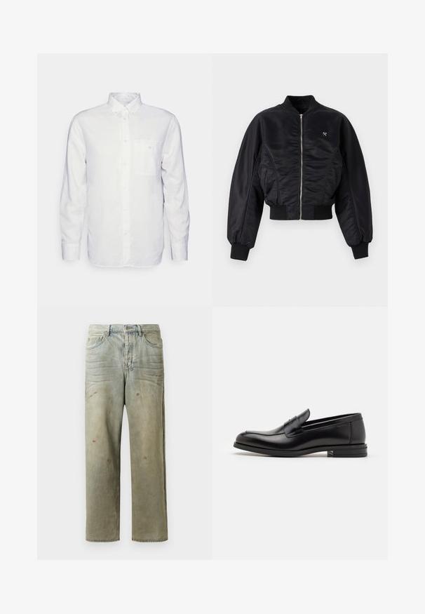 Sort bomberjakke med en skinnende satinfinish, lynlåslukning, ribbede manchetter og kant. Har sidelommer og en diskret logo-detalje på brystet.; Langærmet hvid skjorte lavet af bomuld, med en knap-down krave, brystlomme og almindelig pasform. Struktureret stof med en glat overflade.; Slidte denimjeans i lysegrøn med lige ben, femlommerdesign og ujævn falming med malersplatter.; Sorte læderloafers med en glat overflade, rund tå og en dekorativ strop over vampen. Lav hæl med stabeldesign, minimalistisk stil.