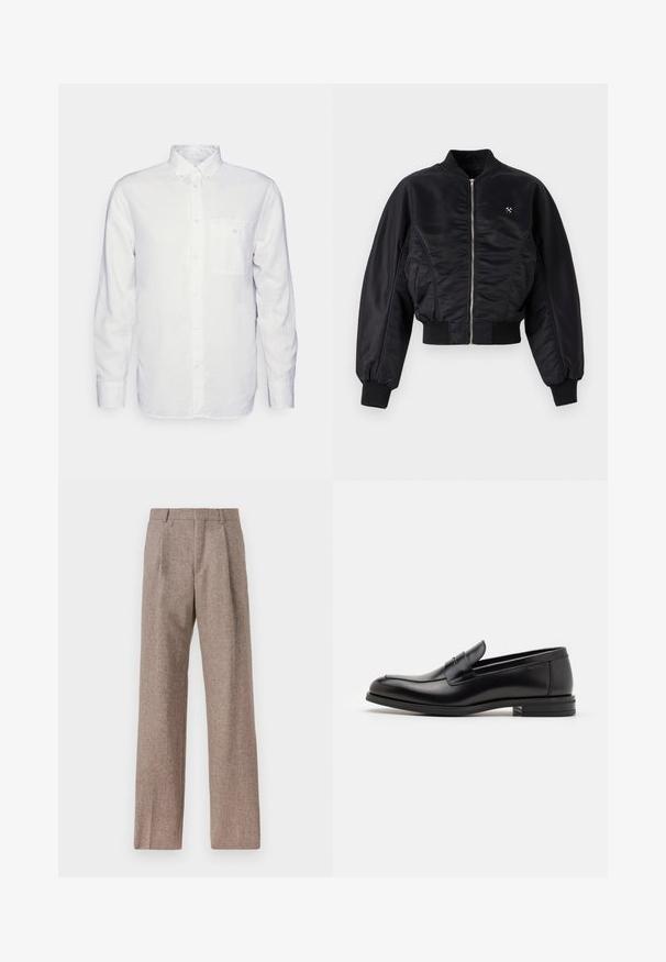 Giacca bomber nera con finitura satinata lucida, chiusura con zip, polsini e orlo a coste. Presenta tasche laterali e un discreto dettaglio del logo sul petto.; Camicia bianca a maniche lunghe realizzata in cotone, con colletto button-down, tasca frontale e vestibilità regolare. Tessuto testurizzato con una superficie liscia.; Pantaloni marroni a vita alta realizzati in tessuto testurizzato. Presentano gambe ampie e due pieghe frontali per struttura. Rifinitura curata senza hardware visibile.; Mocassini neri in pelle con una texture liscia, punta arrotondata e una striscia decorativa sulla tomaia. Tacco basso impilato, design minimalista.