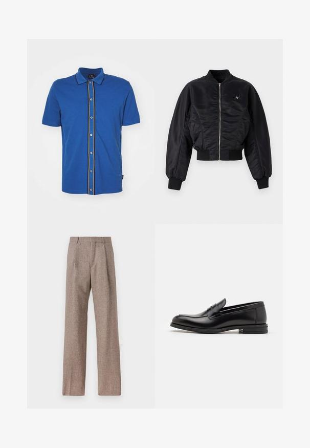 Veste bombardier noire avec une finition satinée brillante, fermeture éclair, poignets et ourlet côtelés. Dotée de poches latérales et d'un logo discret sur la poitrine.; PS Paul Smith BUTTON FRONT - Chemise - blue; Pantalons marron taille haute en tissu texturé. Présente des jambes larges et deux plis avant pour la structure. Finition soignée sans matériel visible.; Mocassins en cuir noir avec une texture lisse, bout rond et une sangle décorative sur le dessus. Talon bas empilé, design minimaliste.