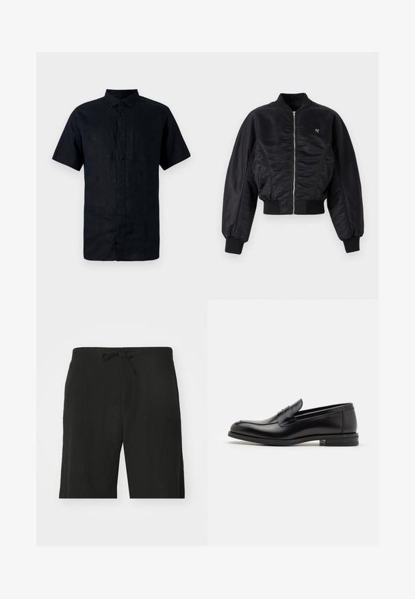 Jachetă bomber neagră cu un finisaj lucios de satin, închidere cu fermoar, manșete și tiv ribbed. Dispune de buzunare laterale și un detaliu discret cu logo pe piept.; Cămașă din in cu mânecă scurtă, de un albastru închis, cu guler cu nasturi, prezintă un placket frontal cu nasturi și o suprafață netedă și texturată.; Pantaloni scurți din in negri cu un șnur în talie, având o croială lejeră și un design până la genunchi. Textură netedă, stil simplu și clasic.; Mocasini din piele neagră cu o textură netedă, vârf rotund și o curea decorativă peste partea superioară. Toc mic, design minimalist.