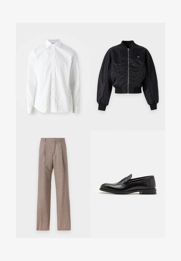 Giacca bomber nera con finitura satinata lucida, chiusura con zip, polsini e orlo a coste. Presenta tasche laterali e un discreto dettaglio del logo sul petto.; Camicia bianca a maniche lunghe in misto cotone, con un sottile motivo a griglia, colletto standard, chiusura con bottoni e polsini. Texture liscia.; Pantaloni marroni a vita alta realizzati in tessuto testurizzato. Presentano gambe ampie e due pieghe frontali per struttura. Rifinitura curata senza hardware visibile.; Mocassini neri in pelle con una texture liscia, punta arrotondata e una striscia decorativa sulla tomaia. Tacco basso impilato, design minimalista.