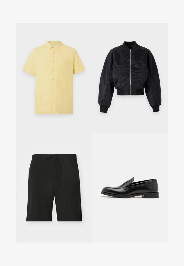 Jachetă bomber neagră cu un finisaj lucios de satin, închidere cu fermoar, manșete și tiv ribbed. Dispune de buzunare laterale și un detaliu discret cu logo pe piept.; Cămașă galbenă cu mânecă scurtă, dintr-un material texturat, cu închidere cu nasturi pe față și guler clasic. Prezintă nasturi de culoare deschisă pentru contrast.; Pantaloni scurți din in negri cu un șnur în talie, având o croială lejeră și un design până la genunchi. Textură netedă, stil simplu și clasic.; Mocasini din piele neagră cu o textură netedă, vârf rotund și o curea decorativă peste partea superioară. Toc mic, design minimalist.