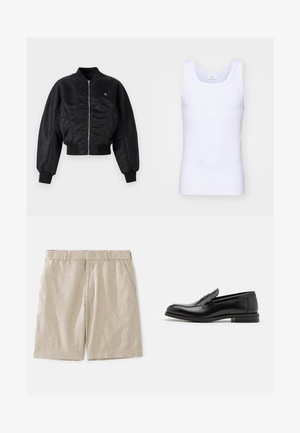 Czarna kurtka bombowka o błyszczącej satynowej powierzchni, z zapięciem na zamek, ściągaczami na rękawach i dole. Posiada boczne kieszenie oraz subtelny detal z logo na klatce piersiowej.; Biała bawełniana koszulka bez rękawów z okrągłym dekoltem, charakteryzująca się gładką fakturą i dopasowanym krojem, zaprojektowana do noszenia na co dzień.; Beżowe lniane szorty o luźnym kroju, z elastycznym paskiem w talii i bocznymi kieszeniami. Gładka struktura z delikatnym wzorem tkaniny.; Czarne skórzane mokasyny o gładkiej fakturze, zaokrąglonym nosku i dekoracyjnym pasku na przodzie. Niski, warstwowy obcas, minimalistyczny design.