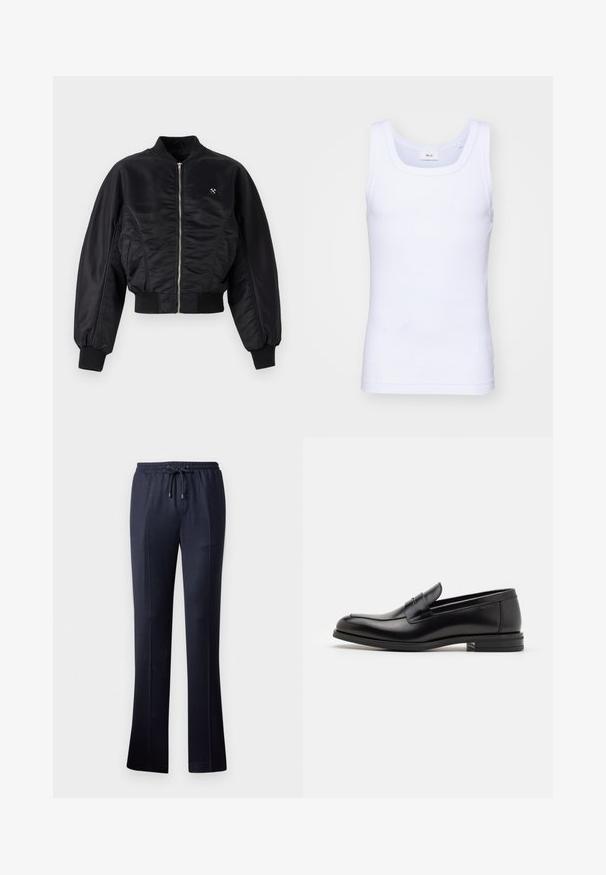 Schwarze Bomberjacke mit glänzender Satin-Oberfläche, Reißverschluss, gerippten Bündchen und Saum. Mit Seitentaschen und dezentem Logodetail auf der Brust.; Weißes Baumwoll-Top ohne Ärmel mit rundem Ausschnitt, ausgestattet mit einer glatten Textur und einer figurbetonten Form, ideal für die Freizeit.; Marineblaue weite Hose aus weichem Stoff mit elastischem Bund und Kordelzug. Verfügt über eine glatte Textur und kein sichtbares Muster.; Schwarze Lederloafers mit glatter Textur, rundem Zehenbereich und einem dekorativen Riemen über dem Vorderfuß. Niedriger, gestapelter Absatz, minimalistisches Design.