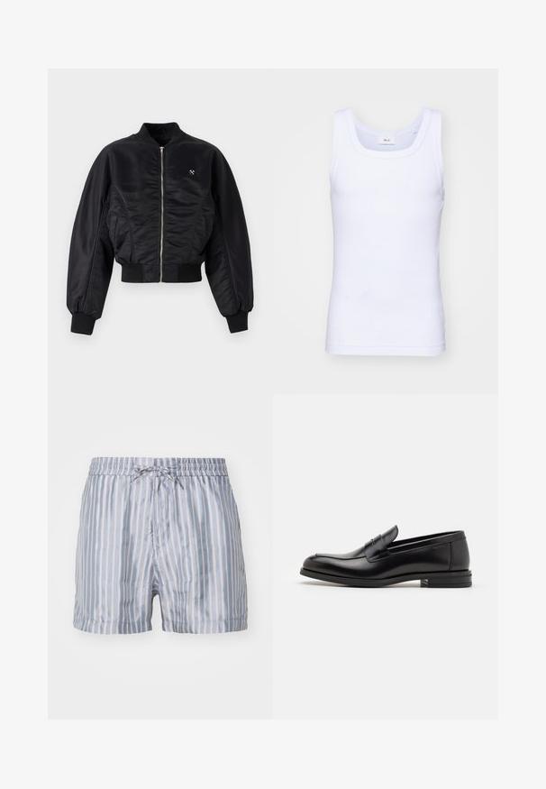 Fekete bomberdzseki fényes selyemfényű kivitelben, cipzáros záródással, bordázott mandzsettákkal és aljjal. Oldalsó zsebekkel és diszkrét logórészlettel a mellrészen.; Fehér pamut ujjatlan trikó kerek nyakkivágással, sima textúrával és testhezálló fazonnal, amelyet hétköznapi viseletre terveztek.; Csíkos fürdőnadrág világoskék és fehér színben, rugalmas derékkal, zsinórral és sima, könnyű anyaggal.; Fekete bőr loaferek sima textúrával, kerek orral és dekoratív pánttal a vampnál. Alacsony, rétegelt sarkú, minimalista dizájn.