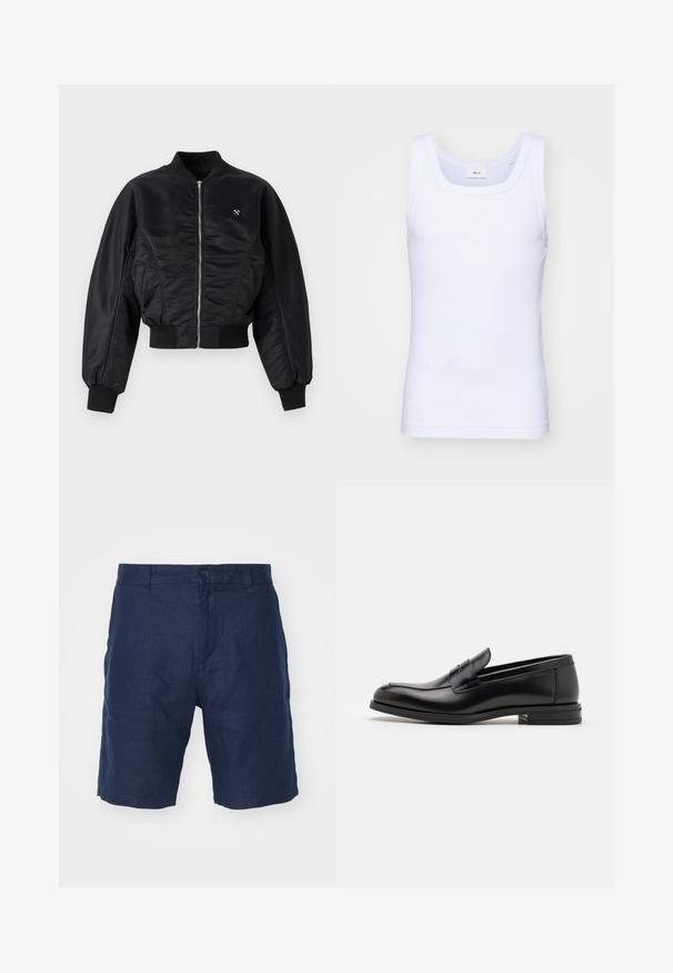 Zwarte bomberjack met een glanzende satijnen afwerking, ritssluiting, ribboordmanchetten en -zoom. Voorzien van zijzakken en subtiele logodetail op de borst.; Witte katoenen mouwloze tanktop met een ronde halslijn, met een gladde textuur en een aansluitende pasvorm, ontworpen voor casual gebruik.; Marineblauwe linnen shorts met een knoopsluiting, recht afgesneden ontwerp, gladde textuur en minimalistische stijl.; Zwarte leren instappers met een gladde textuur, ronde neus en een decoratieve band over de wreef. Lage, gestapelde hak en minimalistisch ontwerp.