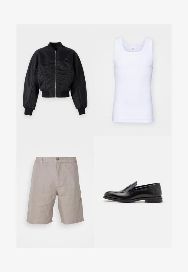 Veste bombardier noire avec une finition satinée brillante, fermeture éclair, poignets et ourlet côtelés. Dotée de poches latérales et d'un logo discret sur la poitrine.; Débardeur sans manches en coton blanc avec un col rond, présentant une texture lisse et une coupe ajustée, conçu pour un usage décontracté.; Shorts en lin beige à coupe décontractée, avec une fermeture à bouton, des passants de ceinture et une texture lisse. Aucune motif ou accent visible.; Mocassins en cuir noir avec une texture lisse, bout rond et une sangle décorative sur le dessus. Talon bas empilé, design minimaliste.