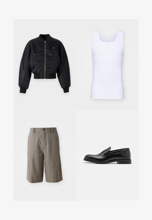 Must mustrikate must-viimistlusega must bomber-jakk, lukuga, soonikutes ja allservas. Omab küljetaskuid ja peent logodetaili rinnal.; Valge puuvillane golfi särk ilma varrukateta, ümmarguse kaelusega, sileda tekstuuri ja sobiva lõikega, mõeldud igapäevaseks kandmiseks.; Hallid hallid lühikesed püksid voolitud disainiga, millel on ees nupuga sulgemine ja kaks küljetaskut. Valmistatud tekstuuriga kangast.; Mustad mustad nahast loafers sileda tekstuuriga, ümarat ninaosa ja dekoratiivne riba vampi üle. Madal kihiline konts, minimalistlik disain.