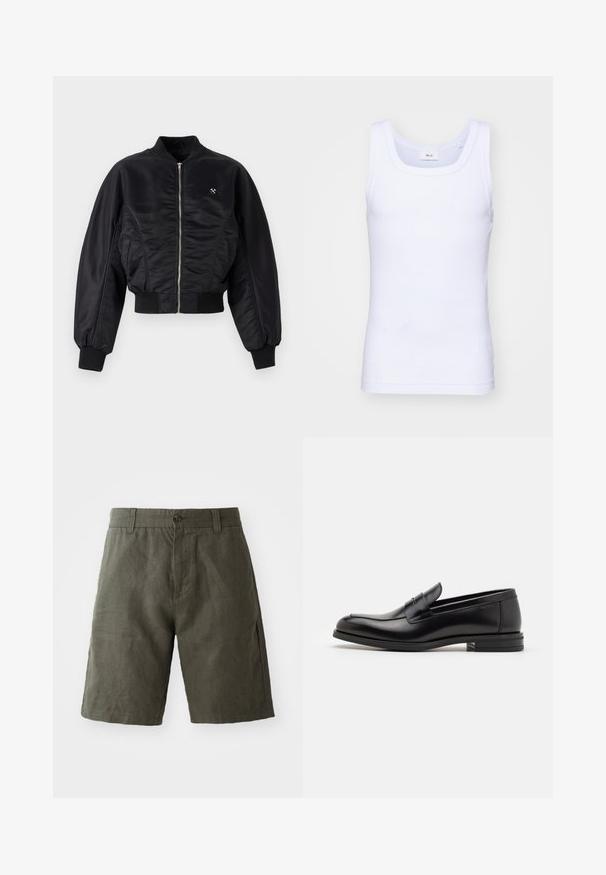 Veste bombardier noire avec une finition satinée brillante, fermeture éclair, poignets et ourlet côtelés. Dotée de poches latérales et d'un logo discret sur la poitrine.; Débardeur sans manches en coton blanc avec un col rond, présentant une texture lisse et une coupe ajustée, conçu pour un usage décontracté.; Shorts en lin vert foncé avec une fermeture à bouton et des passants de ceinture, présentant une coupe droite et une texture lisse.; Mocassins en cuir noir avec une texture lisse, bout rond et une sangle décorative sur le dessus. Talon bas empilé, design minimaliste.