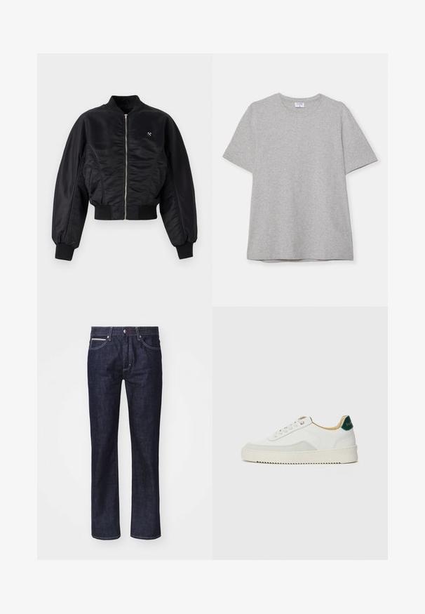 Černá bomber bunda s lesklým saténovým povrchem, zapínání na zip, pruhované manžety a lem. Obsahuje boční kapsy a nenápadný logo detail na hrudi.; Šedé tričko s krátkým rukávem vyrobené z měkké, texturované látky. Disponuje klasickým kulatým výstřihem a rovného lemu, vhodné pro každodenní nošení.; Tmavě modré denimové džíny se straight fit, jemným kontrastním prošíváním, pěti kapsami a knoflíkovým zapínáním v pase.; Bílé tenisky se semišovými prvky, kulatou špičkou, plochými tkaničkami a krémovou gumovou podrážkou. Na patě mají zelené logo.