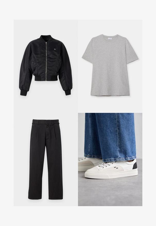 Melna bumbiera jaka ar spīdīgu satīna apdari, ar rāvējslēdzēja aizdari, ribota aproces un apakšmalu. Iespējo sānu kabatas un diskretu logotipa detaļu uz krūtīm.; Pelēks īsā piedurkņu T-krekls, kas izgatavots no mīkstas, teksturētas auduma. Tam ir klasiskā apļa kakla izgriezums un taisna apakšmalā, piemērots ikdienas valkāšanai.; Melnas kokvilnas bikses ar taisnu griezumu, ar piegrieztiem pleciem, jostu cilpiņām un pogu aizdari. Gluda struktūra bez rakstiem.; Balti un melni apavi ar gludu ādas virsu, teksturētiem akcentiem un masīvu baltu zoli. Iespējojot klasisku šņorējamu dizainu.