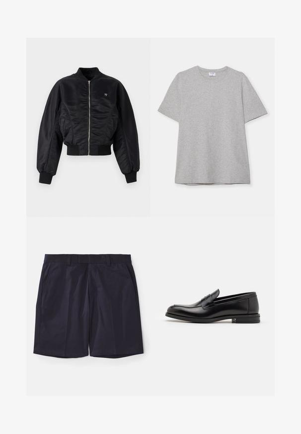 Melna bumbiera jaka ar spīdīgu satīna apdari, ar rāvējslēdzēja aizdari, ribota aproces un apakšmalu. Iespējo sānu kabatas un diskretu logotipa detaļu uz krūtīm.; Pelēks īsā piedurkņu T-krekls, kas izgatavots no mīkstas, teksturētas auduma. Tam ir klasiskā apļa kakla izgriezums un taisna apakšmalā, piemērots ikdienas valkāšanai.; Tumši zilie šorti, kas izgatavoti no gludas auduma ar taisnu priekšu, siksnu cilpiņām un sānu kabatām; apakšmala apgriezta ar taisnām malām, lai nodrošinātu tīru apdari.; Melnas ādas kurpes ar gludu tekstūru, noapaļu purngalu un dekoratīvu siksniņu pāri priekšpusei. Zems sakrauts papēdis, minimālisma dizains.