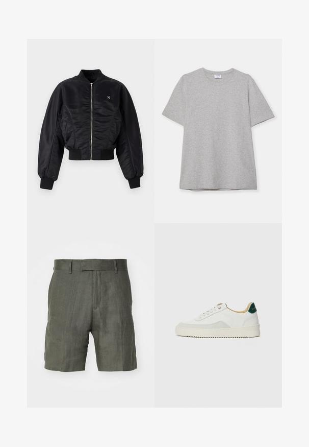 Sort bomberjakke med en skinnende satinfinish, lynlåslukning, ribbede manchetter og kant. Har sidelommer og en diskret logo-detalje på brystet.; Grå kortærmet T-shirt lavet af blødt, struktureret stof. Har en klassisk rund hals og en lige kant, velegnet til afslappet brug.; Olivengrønne linnedshorts med en struktureret talje, flad front og sidelommer. Tekstileret stof med en afslappet pasform, der når midt på låret.; Hvide sneakers med ruskindsdetaljer, rund tå, flade snørebånd og en cremet gummisål. Har grøn branding på hælen.